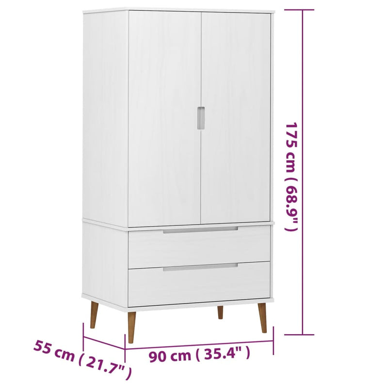 vidaXL MOLDE fehér tömör fenyőfa gardrób 90 x 55 x 175 cm