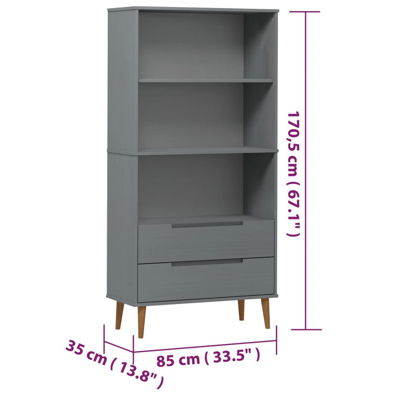 vidaXL MOLDE szürke tömör fenyőfa könyvszekrény 85 x 35 x 170,5 cm