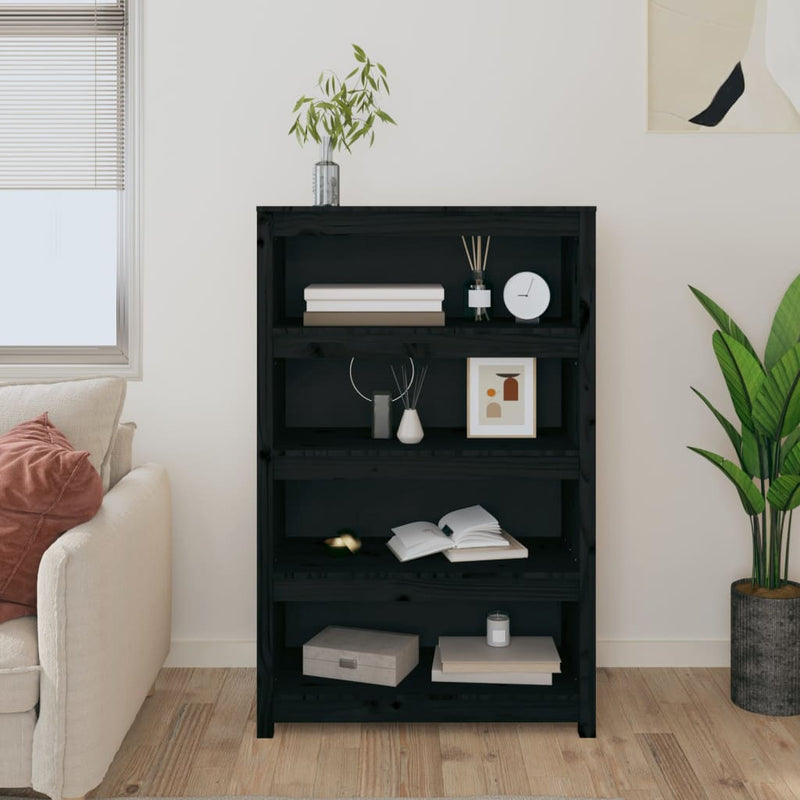 vidaXL fekete tömör fenyőfa könyvszekrény 80x35x126 cm