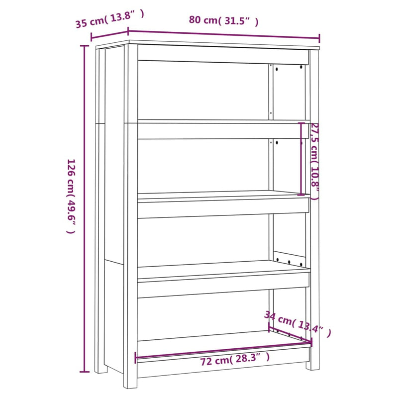 vidaXL fekete tömör fenyőfa könyvszekrény 80x35x126 cm