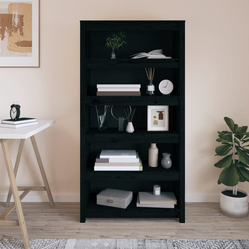 vidaXL fekete tömör fenyőfa könyvszekrény 80x35x154 cm