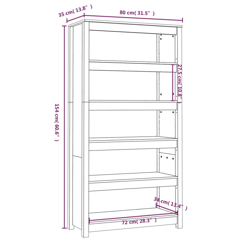 vidaXL fekete tömör fenyőfa könyvszekrény 80x35x154 cm