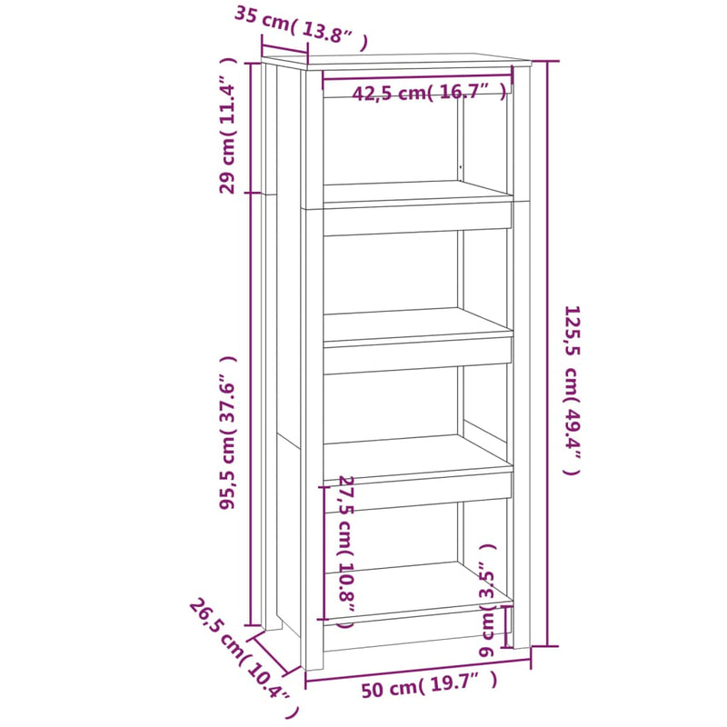 vidaXL fekete tömör fenyőfa könyvszekrény 50x35x125,5 cm