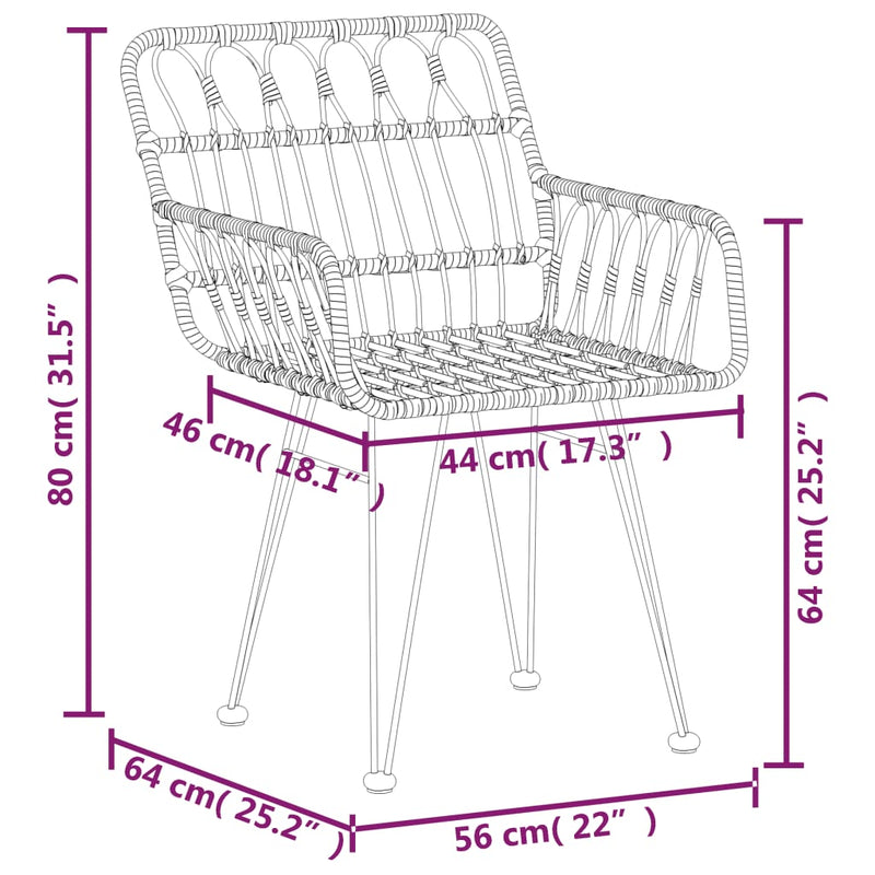 vidaXL 2 db fekete PE rattan karfás kerti szék 56 x 64 x 80 cm