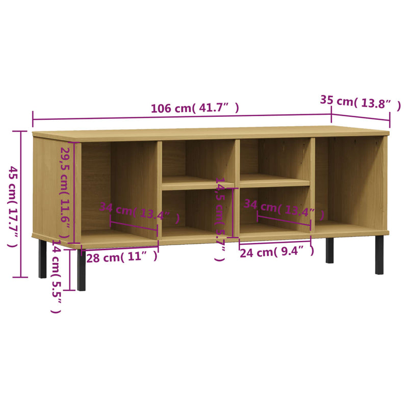 vidaXL OSLO barna tömör fa cipőszekrény fém lábakkal 106 x 35 x 45 cm