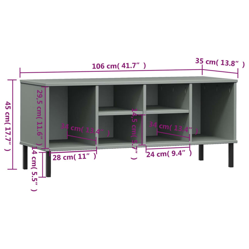 vidaXL OSLO szürke tömör fa cipőszekrény fém lábakkal 106 x 35 x 45 cm