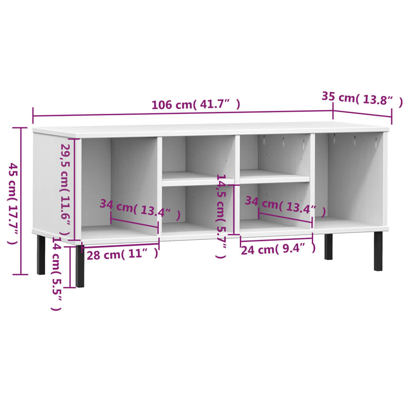 vidaXL OSLO fehér tömör fa cipőszekrény fém lábakkal 106 x 35 x 45 cm