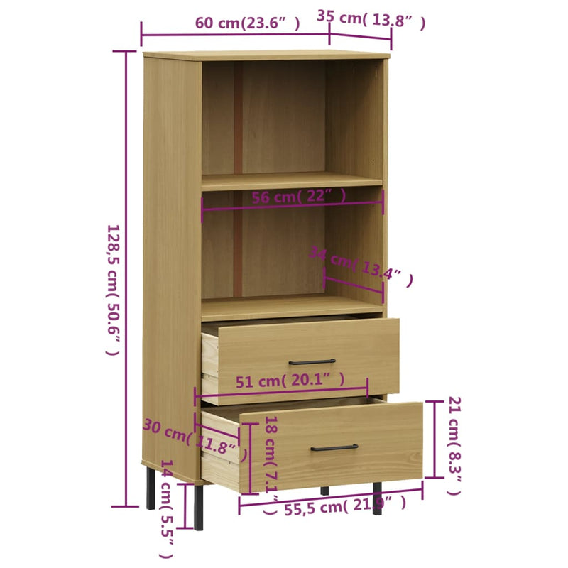 vidaXL OSLO barna tömör fa könyvszekrény 2 fiókkal 60 x 35 x 128,5 cm