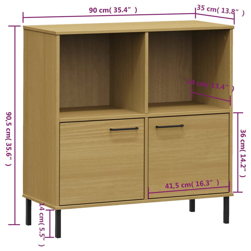 vidaXL OSLO barna tömör fa könyvszekrény fém lábakkal 90x35x90,5 cm