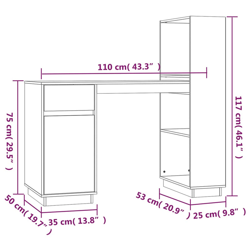 vidaXL mézbarna tömör fenyőfa íróasztal 110x53x117 cm
