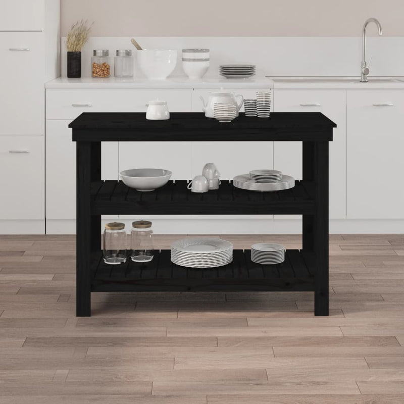 vidaXL fekete tömör fenyőfa munkapad 110,5x50x80 cm