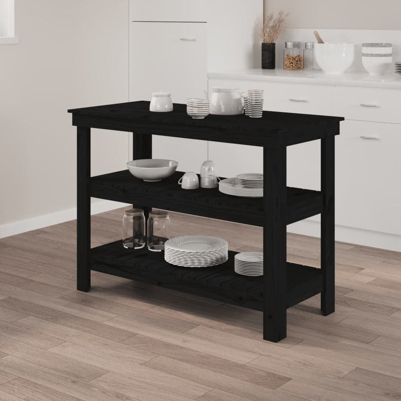 vidaXL fekete tömör fenyőfa munkapad 110,5x50x80 cm