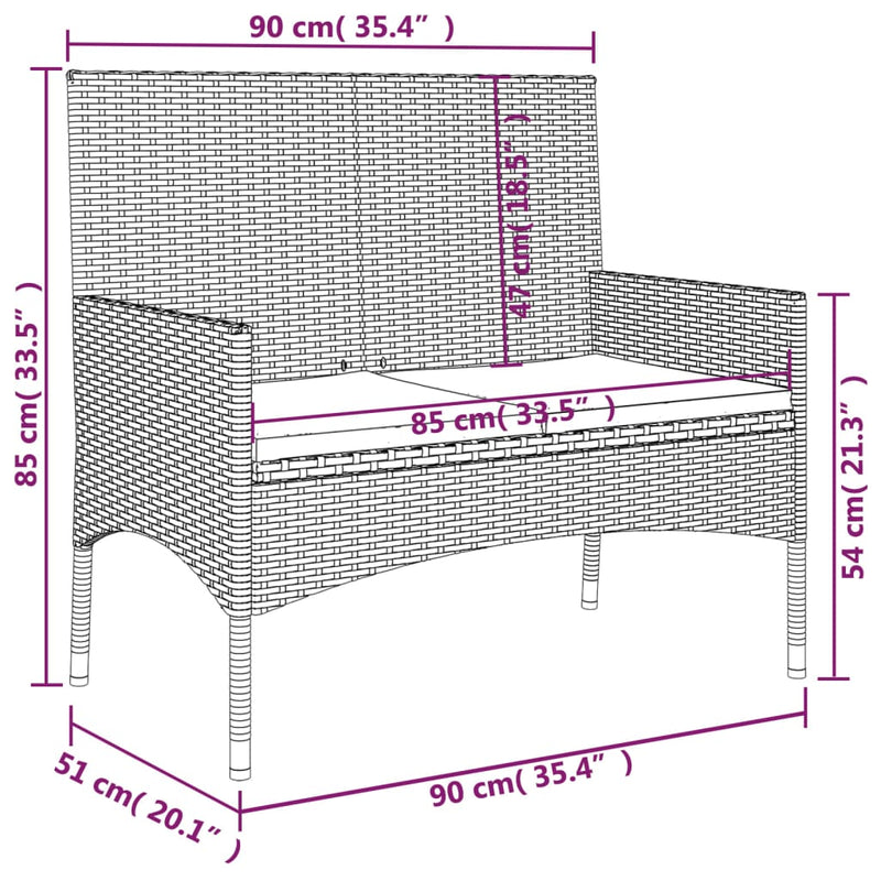 vidaXL fekete 2 személyes polyrattan kerti pad párnával