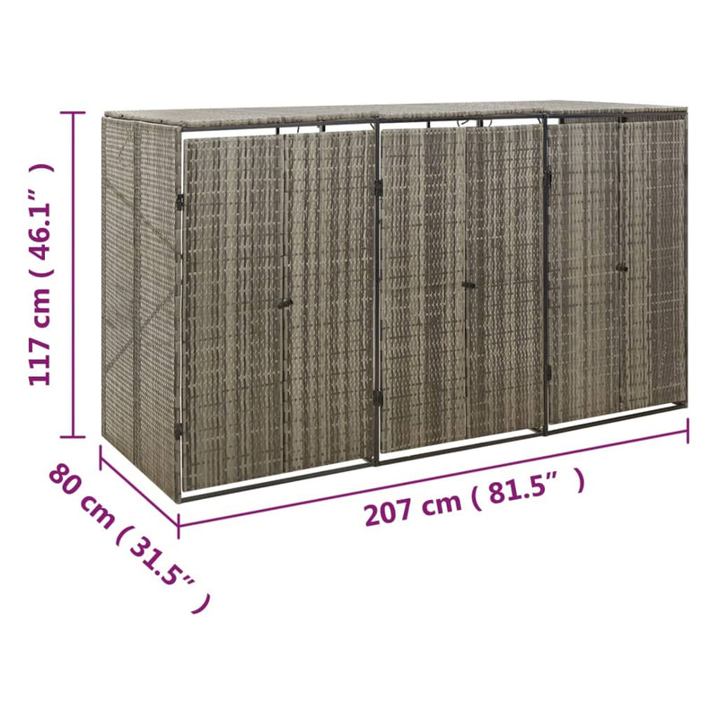 vidaXL szürke polyrattan hármas kerekeskuka tárolófészer 207x80x117 cm