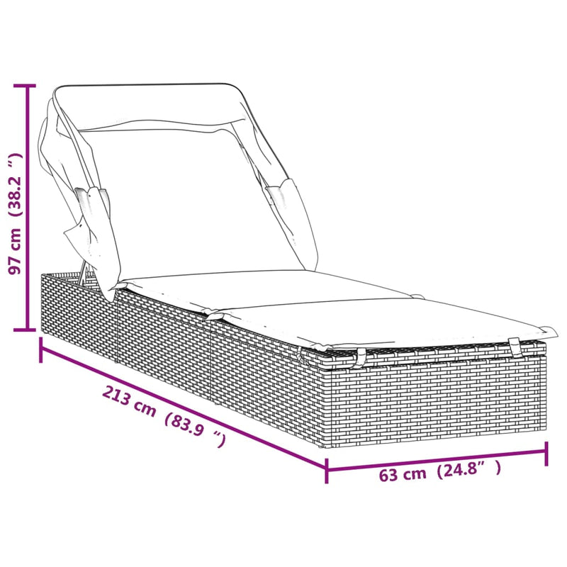 vidaXL szürke polyrattan napozóágy összecsukható tetővel 213x63x97 cm