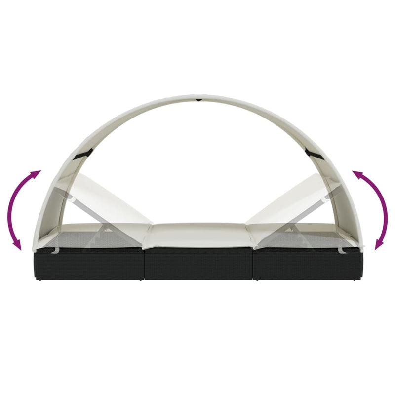 vidaXL 2 személyes fekete polyrattan napágy kerek tetővel 213x118x97cm