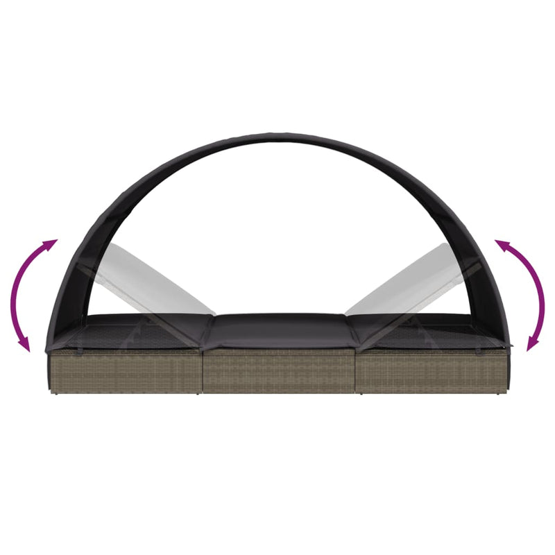 vidaXL 2 személyes szürke polyrattan napágy kerek tetővel 211x112x140