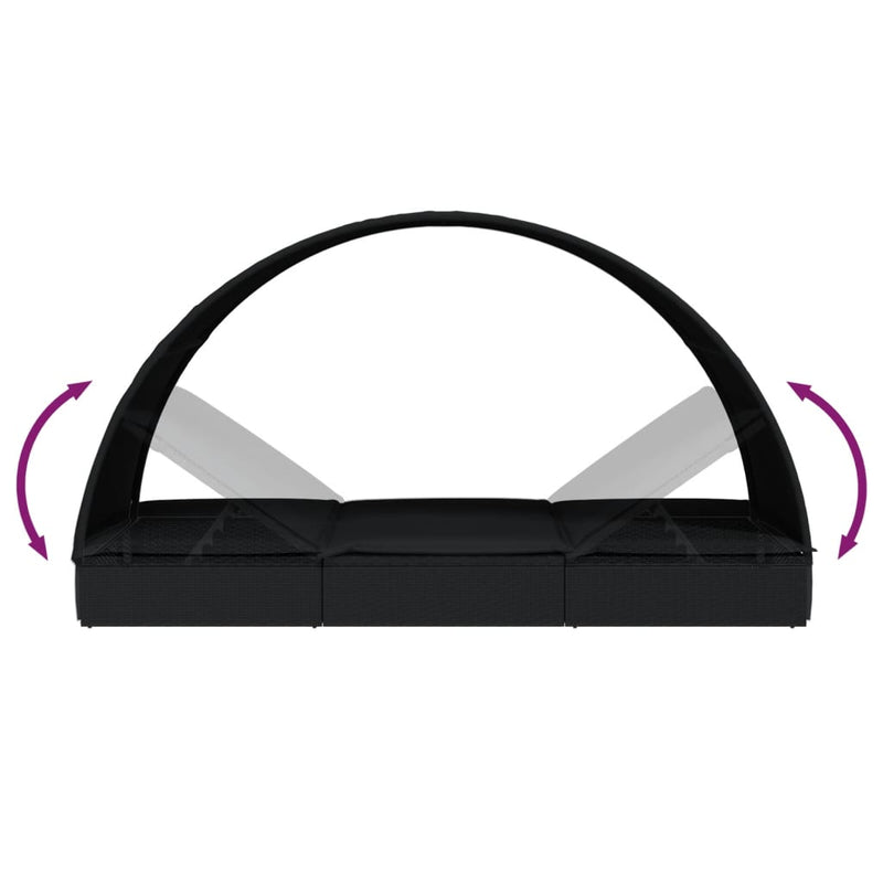 vidaXL 2 személyes fekete polyrattan napágy kerek tetővel 213x118x97cm