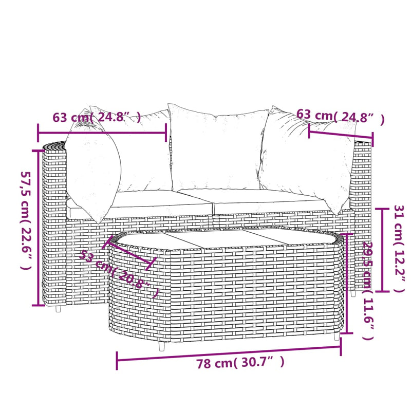 vidaXL 3 részes fekete polyrattan kerti ülőgarnitúra párnákkal