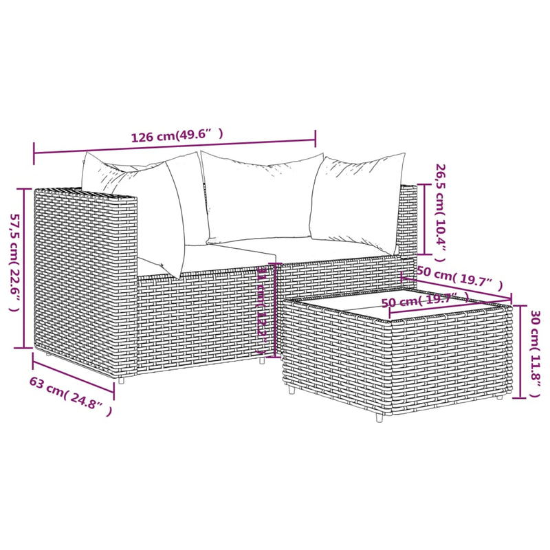 vidaXL 3 részes szürke polyrattan kerti ülőgarnitúra párnákkal