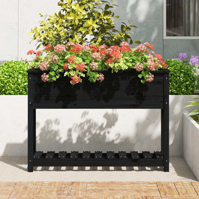 vidaXL fekete tömör fenyőfa növénytartó polccal 111,5x34,5x81 cm