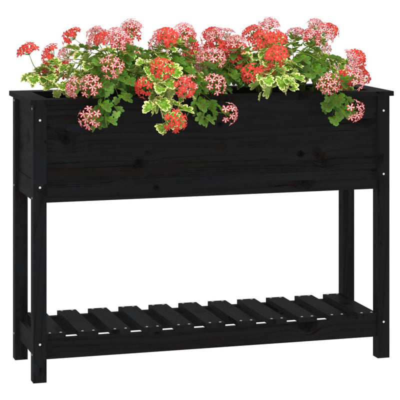 vidaXL fekete tömör fenyőfa növénytartó polccal 111,5x34,5x81 cm