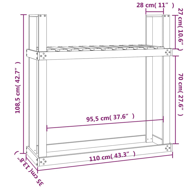 vidaXL fekete tömör fenyőfa tűzifatartó állvány 110x35x108,5 cm