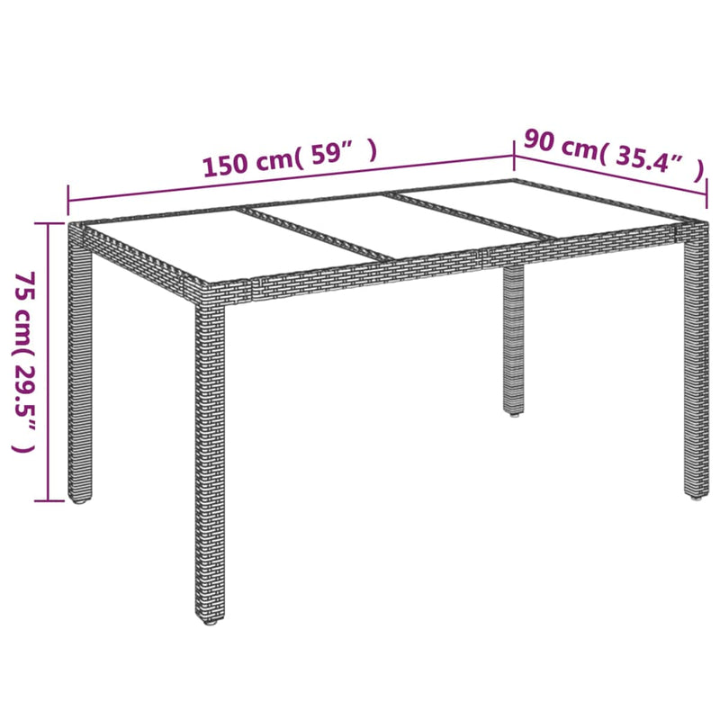 vidaXL fekete polyrattan üveglapos kerti asztal 150 x 90 x 75 cm