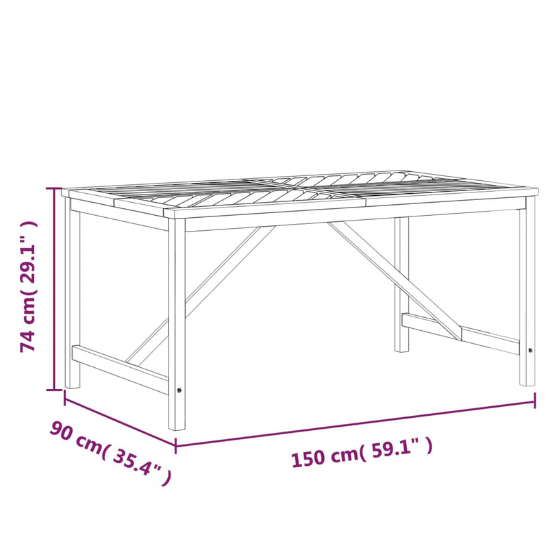 vidaXL tömör akácfa kerti étkezőasztal 150 x 90 x 74 cm