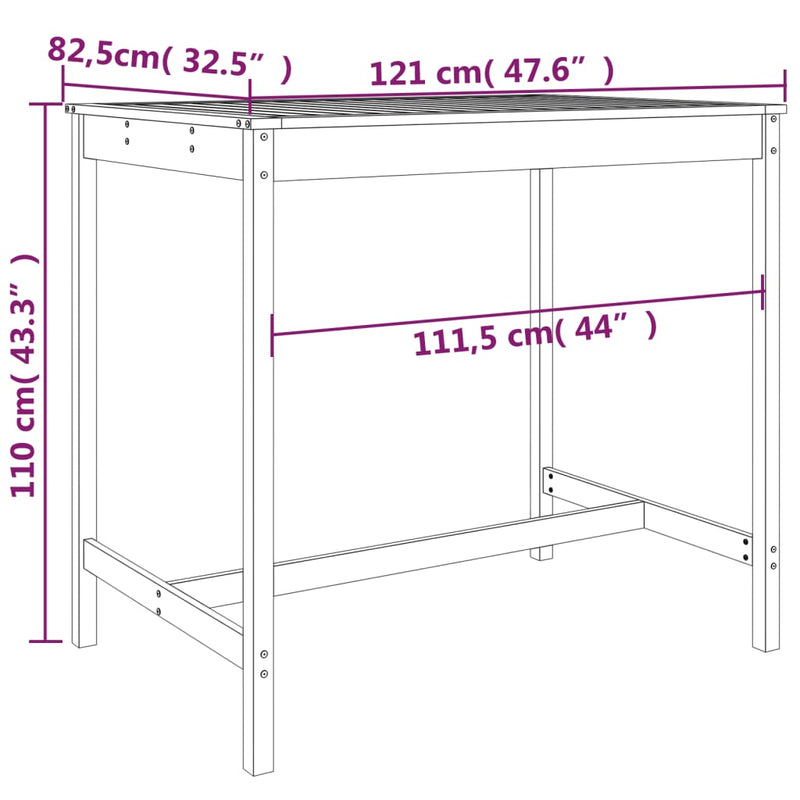 vidaXL tömör fenyőfa kerti asztal 121x82,5x110 cm