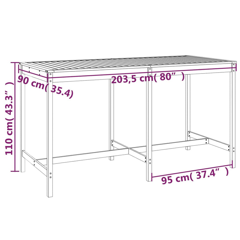 vidaXL fehér tömör fenyőfa kerti asztal 203,5x90x110 cm