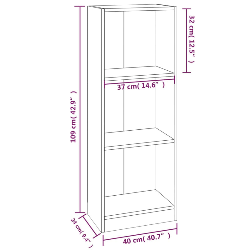 vidaXL 3 szintes szürke sonoma szerelt fa könyvszekrény 40x24x109 cm