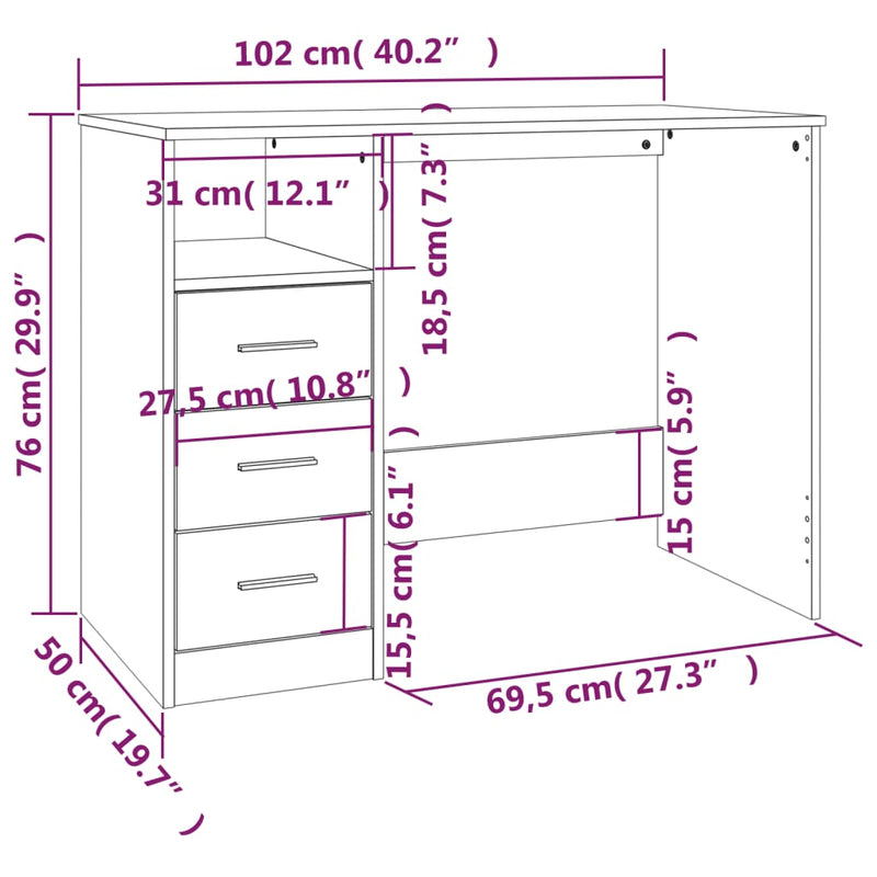 vidaXL fekete szerelt fa íróasztal fiókokkal 102 x 50 x 76 cm