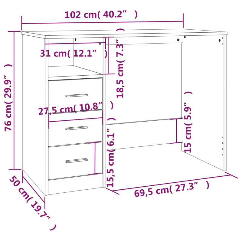 vidaXL barna tölgy színű szerelt fa íróasztal fiókokkal 102x50x76 cm