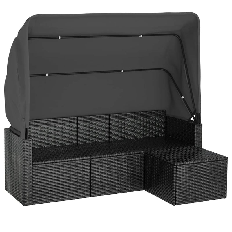 vidaXL 3-személyes fekete polyrattan kanapé tetővel és lábtartóval