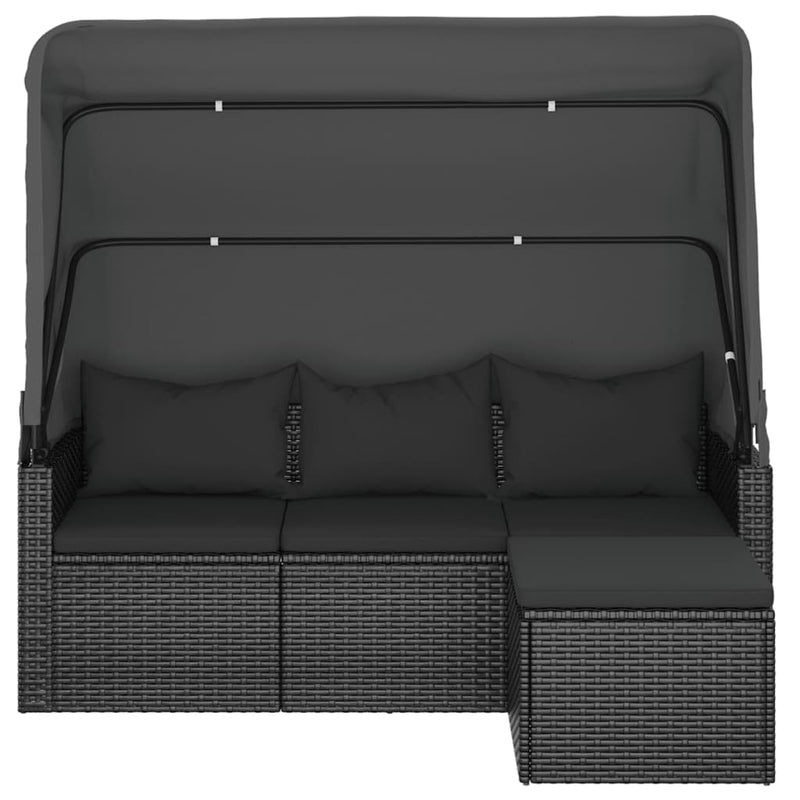 vidaXL 3-személyes fekete polyrattan kanapé tetővel és lábtartóval