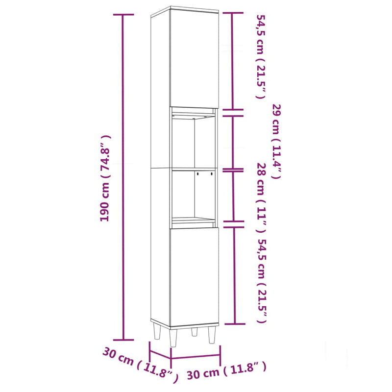 vidaXL betonszürke szerelt fa fürdőszobaszekrény 30 x 30 x 190 cm