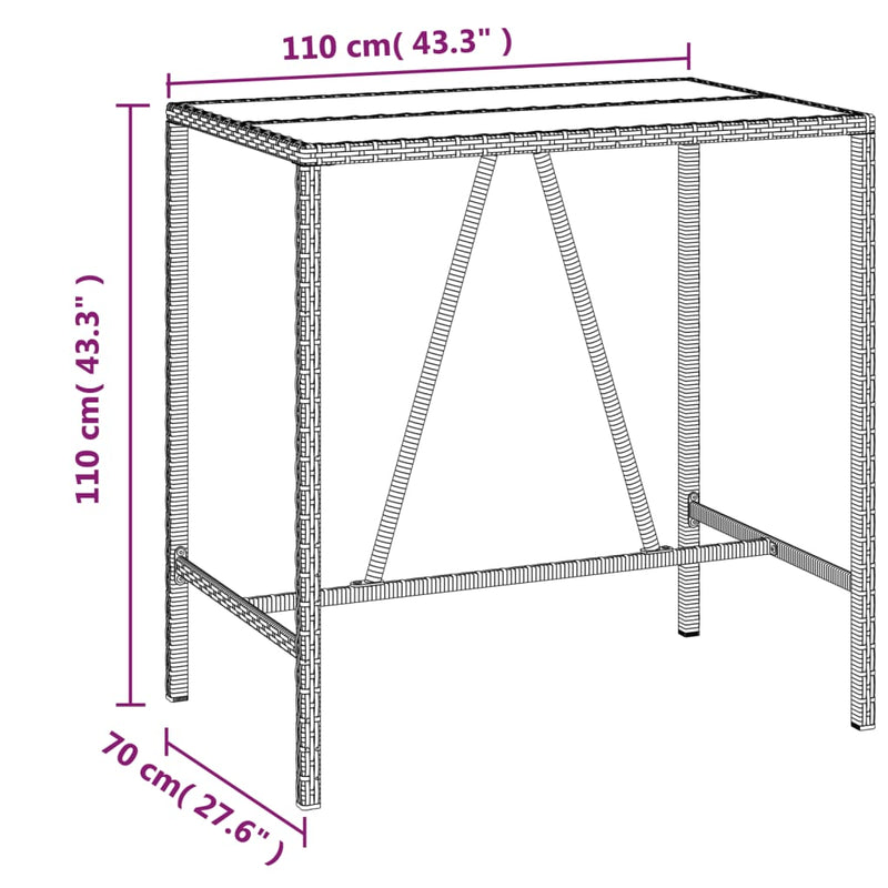 vidaXL szürke polyrattan üveglapos bárasztal 110 x 70 x 110 cm