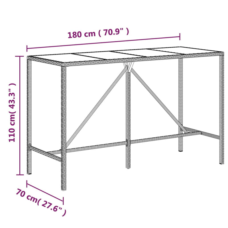 vidaXL fekete polyrattan üveglapos bárasztal 180 x 70 x 110 cm