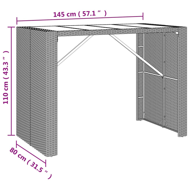 vidaXL barna polyrattan kerti asztal üveglappal 145 x 80 x 110 cm