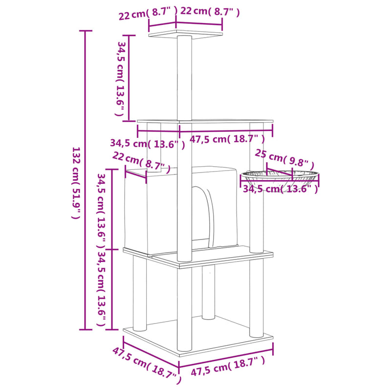 vidaXL világosszürke macskabútor szizál kaparófákkal 132 cm