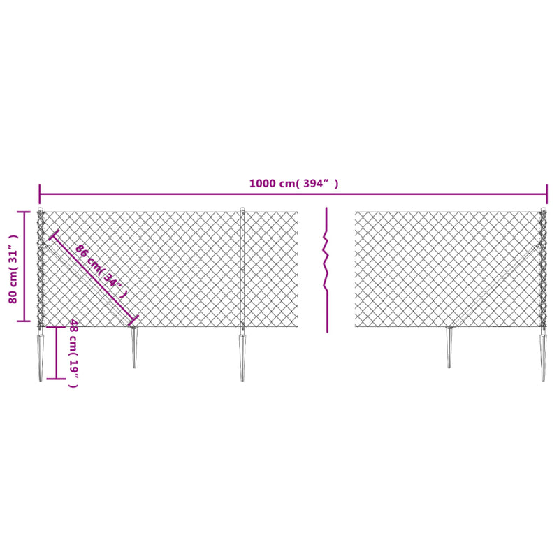 vidaXL zöld drótkerítés cövekekkel 0,8 x 10 m