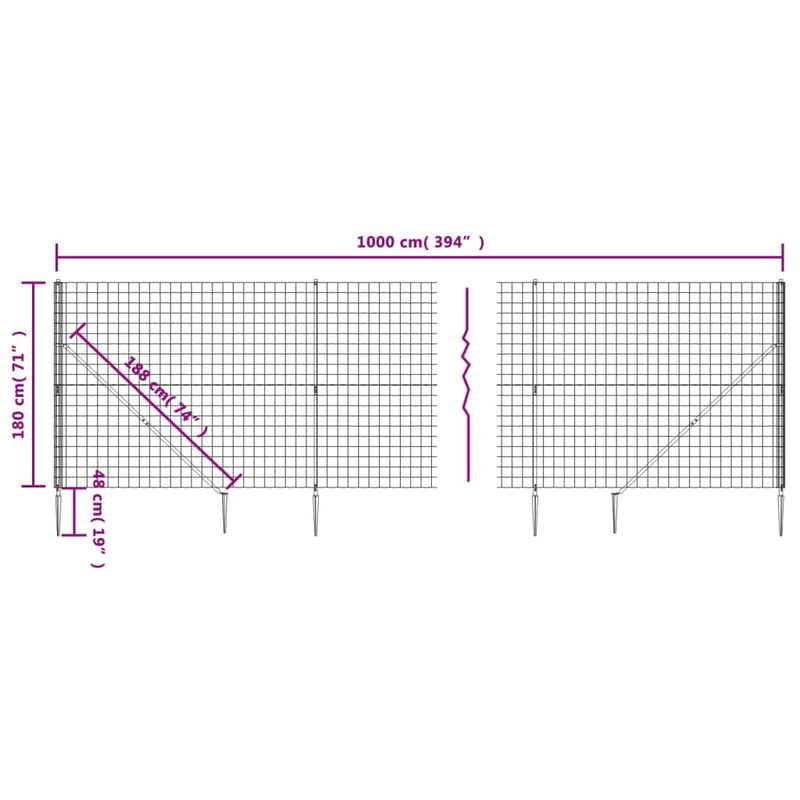 vidaXL zöld dróthálós kerítés cövekekkel 1,8x10 m