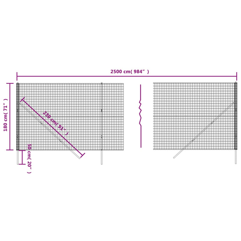 vidaXL antracitszürke horganyzott acél dróthálós kerítés 1,8x25 m