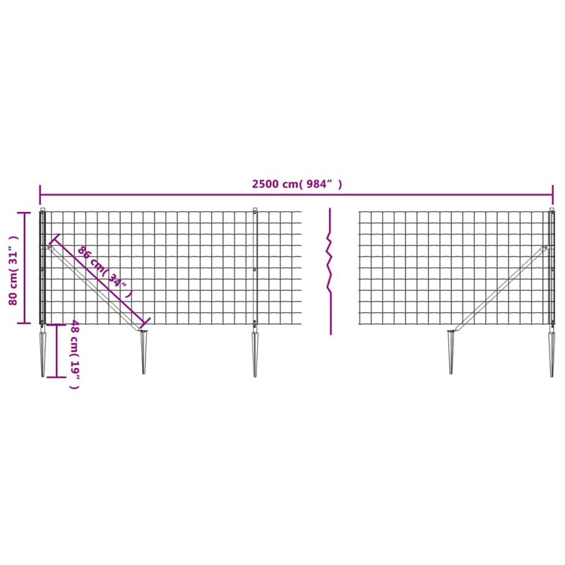 vidaXL antracitszürke dróthálós kerítés cövekekkel 0,8x25 m