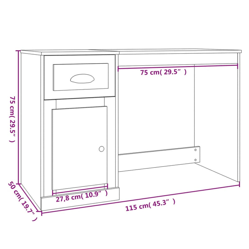 vidaXL füstös tölgy színű szerelt fa íróasztal fiókkal 115x50x75 cm