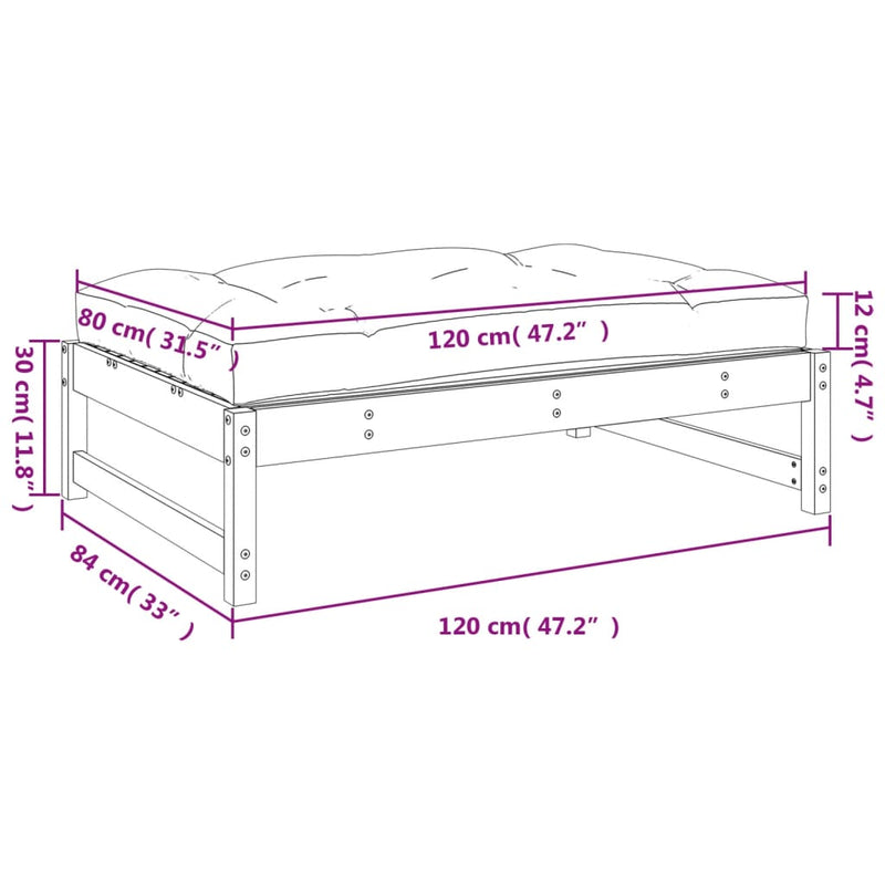 vidaXL szürke tömör fenyőfa kerti lábzsámoly párnával 120x80 cm