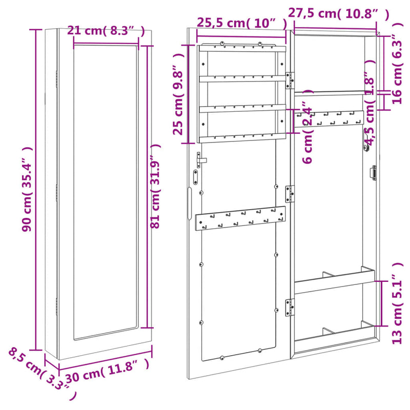 vidaXL fekete falra szerelhető tükrös ékszerszekrény 30x8,5x90 cm