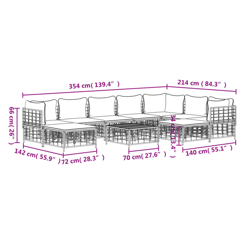 vidaXL 10 részes antracitszürke polyrattan kerti ülőgarnitúra párnával