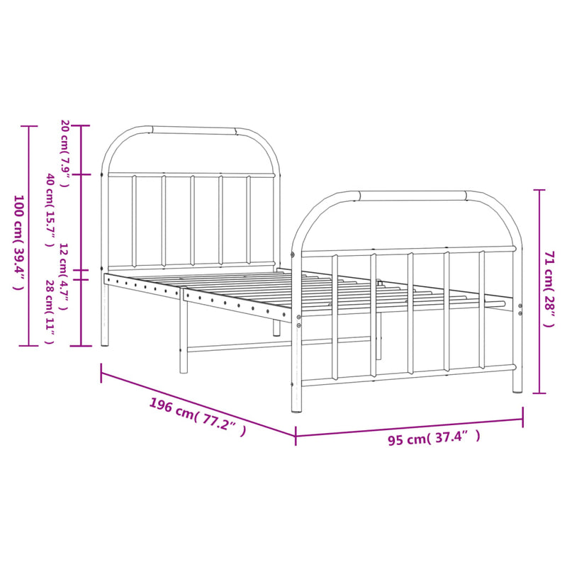 vidaXL fekete fém ágykeret fej- és lábtámlával 90 x 190 cm